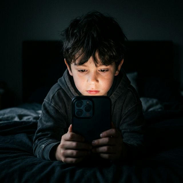 Criança e o celular no escuro